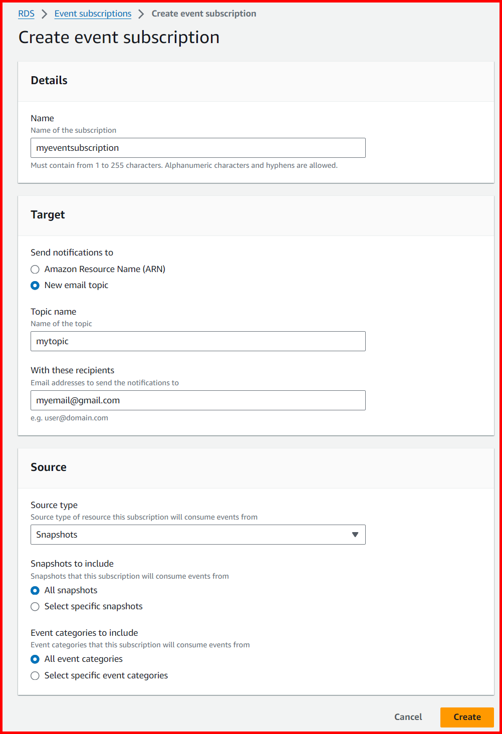 Picture showing the create event subscription screen